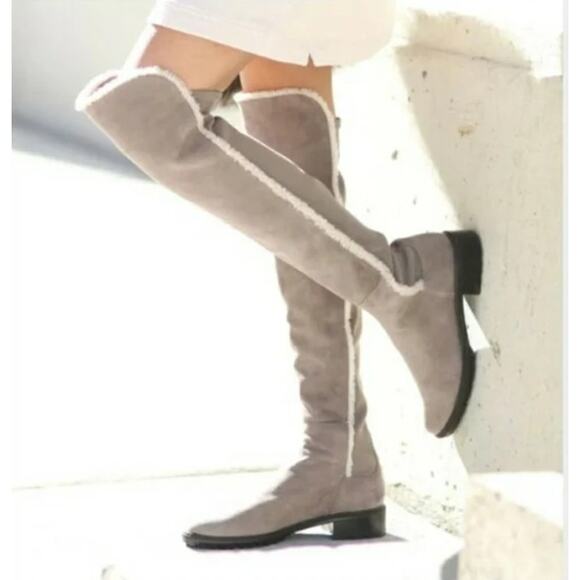 Stuart Weitzman Shearling Parka Over Knee Boots Sz 8 M Taupe Suede Leather 50/50 - Picture 4 of 14
